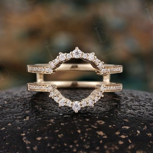 Moissanite Curved enhancer wedding band yellow gold diamond ring jacket antique art deco matching band unique anniversary stacking rings