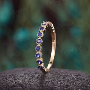 Vintage Natural Sapphire Wedding Band,14K Yellow Gold Ring,Art Deco Stacking Wedding Ring,Women Half Eternity Ring,Milgrain Promise Ring
