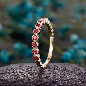Vintage Ruby Wedding Band,Unique 14K Rose Gold Band,Half Eternity Stacking Matching Band,Delicate Bridal Promise Ring,Anniversary Gift