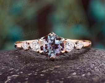Vintage Round Alexandrite Engagement Ring - Moissanite 5-Stones Wedding Ring in 14K Gold | Delicate Anniversary Promise Ring By Belloring