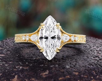 Vintage Marquise Cut Moissanite Engagement Ring: Solid Gold Handmade Engraved Filigree Milgrain Bridal Ring