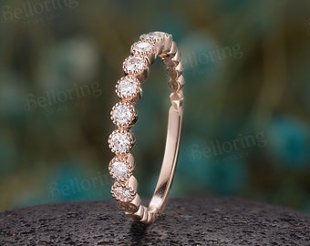 Half eternity moissanite diamond wedding band vintage rose gold stacking ring antique unique milgrain bridal ring promise matching band