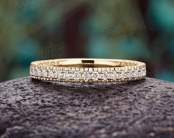 Vintage Moissanite Wedding Band,14K Rose Gold Bridal Promise Band,Art Deco Half Eternity Stacking Bands Dainty Matching Anniversary Band