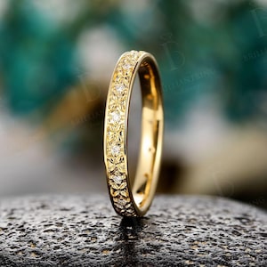 Vintage gold wedding band - art deco diamond engraved ring | yellow gold ring | antique dainty stackable Ring delicate promise matching ring