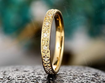 Vintage gold wedding band - art deco diamond engraved ring | yellow gold ring | antique dainty stackable Ring delicate promise matching ring