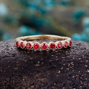 Vintage Ruby Straight Wedding Band,14K Yellow Gold Ring,Unique Half Eternity Bands Antique Stacking Ring,Bridal Anniversary Promise Rings