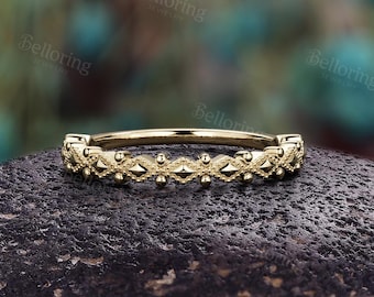 Vintage Solid 14K Gold Wedding Band,Dainty Geometric Milgrain Stacking Thin Anniversary Promise Ring