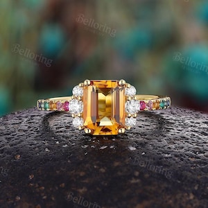 Yellow Citrine Cluster Engagement Ring - Unique Rainbow Pave Band in Gold | “Prosperity and Abundance” | Vintage Wedding Ring Promise Ring