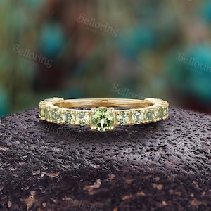 Unique Peridot Pave Engagement Ring,14K Yellow Gold Band,Nature Inspired Stackable Bridal Wedding Band,Delicate Anniversary Gift for Women