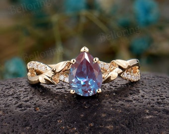Anillo de compromiso de alejandrita en forma de pera oro amarillo anillos vintage moissanita / diamantes anillo único art deco anillo de promesa de aniversario