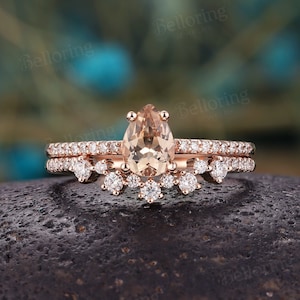 Pear shaped morganite engagement ring set vintage art deco diamond moissanite rings rose gold half eternity wedding ring unique bridal set