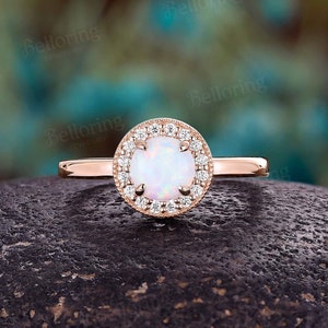 Round White Opal Engagement ring Rose Gold Vintage Moissanite Halo Bridal ring Antique Natural Opal Wedding ring Anniversary promise ring
