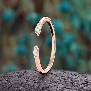 Anillo de bodas de diamantes naturales en oro rosa, delicado anillo de bodas vintage abierto para mujer, anillo minimalista tipo marquesa, anillo de promesa de aniversario.