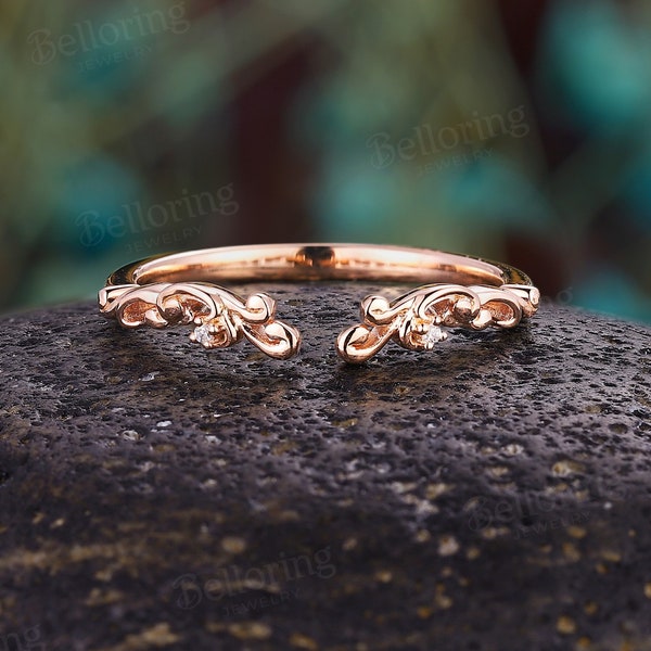 Dainty Open Diamond Curved Wedding Band - Vintage Filigree Scrollwork Rose Gold Stacking Promise Ring