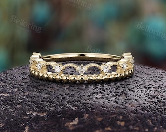 Dainty Solid Gold Moissanite Wedding Band: Vintage Lace Beaded Stacking Anniversary Promise Ring