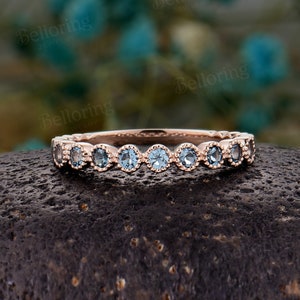 Vintage London Blue Topaz Wedding Band: Antique Rose Gold Half Eternity Stacking Promise Ring