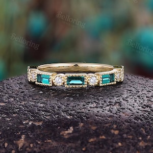 Vintage Baguette Emerald Wedding Band,14K Yellow Gold Half Eternity Band,Art Deco Diamond Stacking Ring,Anniversary Promise Ring For Women