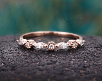 Art Deco Diamond Wedding Band,Vintage Rose Gold Half Eternity Stacking Band,Antique Marquise Moissanite Bands,Anniversary Promise Ring