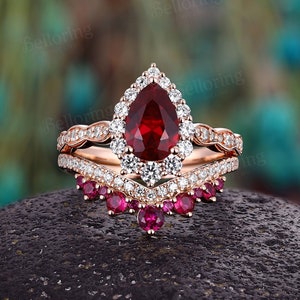 ruby engagement ring set rose gold ring vintage halo pave curved band round moissanite wedding ring teardrop Promise anniversary ring