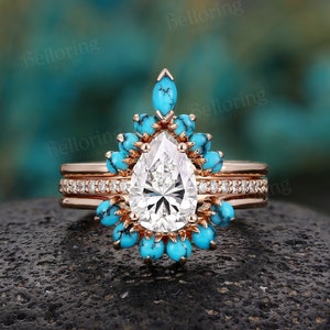 Per shaped moissanite engagement ring set vintage rose gold turquoise wedding ring art deco moissanite diamond rings promise bridal set