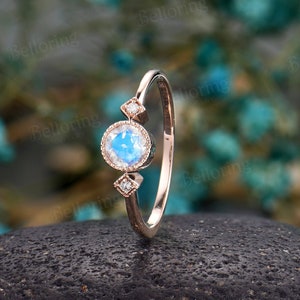 Vintage moonstone engagement ring rose gold art deco diamond rings handmade ring simple delicate bridal ring round anniversary promise ring