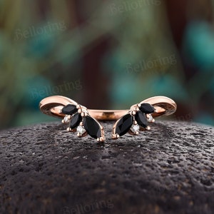Art Deco Black Onyx Wedding Band,14K Rose Gold Marquise Ring,Vintage Round Diamond Ring,Open Curved Stacking Band,Promise Bridal Band