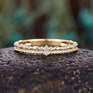 Two-tier Gold Diamond wedding band - Milgrain Double band Unique Chain Design Engagement Band | Straight matching band Vintage Stacking Ring