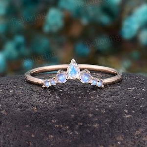 Unique Moonstone Curved Wedding Band,Vintage Chevron Stacking Wedding Ring,14K Rose Gold Bridal Ring,Art Deco Matching Promise Ring Women