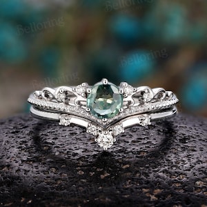 Green Sapphire engagement ring set white gold vintage moissanite/diamond wedding rings art deco antique crown ring anniversary bridal set