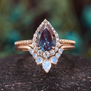 Pear shaped alexandrite engagement ring set art deco moissanite diamond rings curved moonstone wedding band vintage anniversary bridal ring