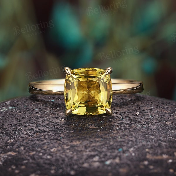 Gelber Saphir Solitär Verlobungsring Gelbgold Kissenschliff Verlobungsring Vintage Art Deco Brautring Vintage Jubiläumsring