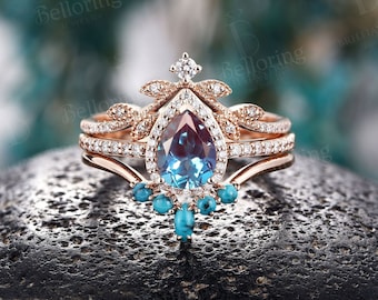 Vintage Alexandrite engagement ring set art deco Rose gold ring set moissanite turquoise Wedding band Bridal ring set anniversary ring set