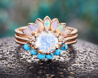 art deco moonstone engagement ring set vintage marquise opal wedding band rose gold unique turquoise moissanite rings anniversary bridal set