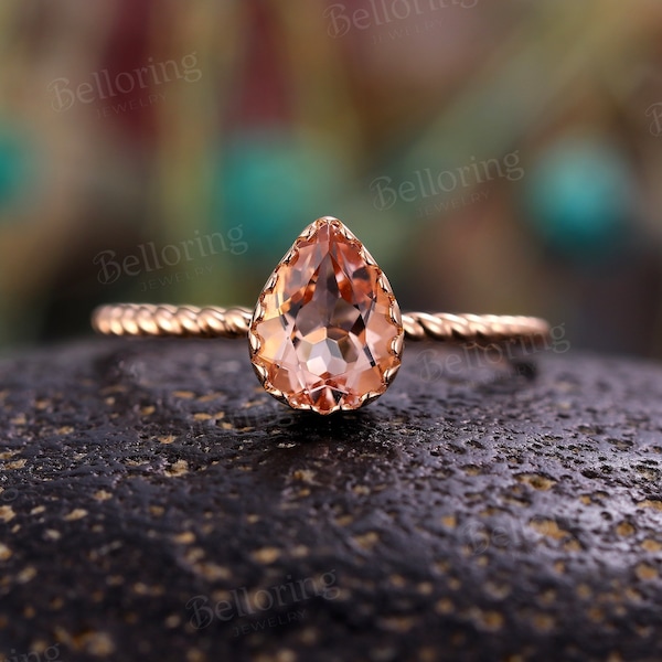 Art deco Morganite engagement ring vintage rose gold pear shaped solitaire rings antique unique beaded band ring anniversary wedding ring