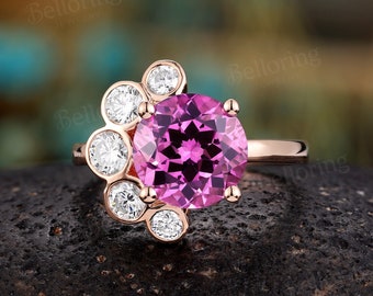 Round pink sapphire engagement ring unique art deco moissanite cluster ring antique rose gold prong set ring anniversary wedding bridal ring