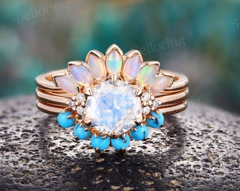 Art deco moonstone engagement ring set vintage marquise opal wedding rings rose gold unique turquoise curved ring anniversary bridal set