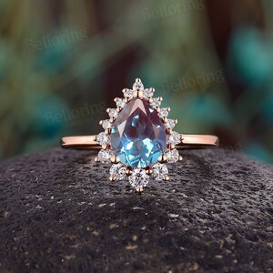 Unique Alexandrite Engagement Ring Rose Gold Pear Ring Round Moissanite Halo Ring Vintage Birthstone Ring Promise Bridal Ring  gift for her