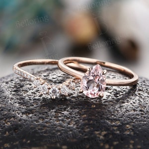 Pear shaped Morganite engagement ring set rose gold art deco moissanite/diamond rings half eternity wedding band anniversary bridal set