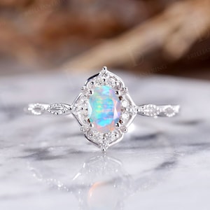 Faceted Opal engagement ring vintage white gold oval halo rings antique diamond milgrain wedding ring unique promise anniversary ring