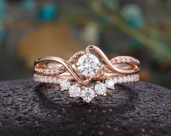 Vintage moissanite engagement ring set solid rose gold art deco diamond rings unique twisted band rings anniversary promise bridal set