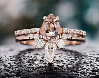 Pear shaped morganite engagement ring set vintage Half eternity moissanite rings rose gold ring set antique teardrop anniversary bridal set