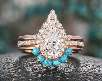 Vintage Pear shaped Moissanite engagement ring set unique rose gold moissanite ring turquoise wedding ring art deco anniversary bridal set