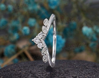 Diamond curved wedding band vintage art deco leaf chevron stacking ring unique diamond wedding ring unique anniversary matching band