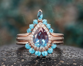 Vintage pear shaped Alexandrite engagement ring set rose gold art deco diamond halo rings turquoise wedding ring anniversary bridal set