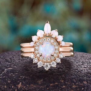 3PCS White Opal Bridal set Rose Gold Vintage Round opal halo Engagement ring set Moissanite Stacking Wedding band Delicate Anniversary ring