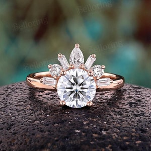 Vintage Round Moissanite Engagement Ring Art Deco Baguette CZ Wedding Ring Rose Gold Ring Unique Pear Ring Anniversary Ring  gift for her
