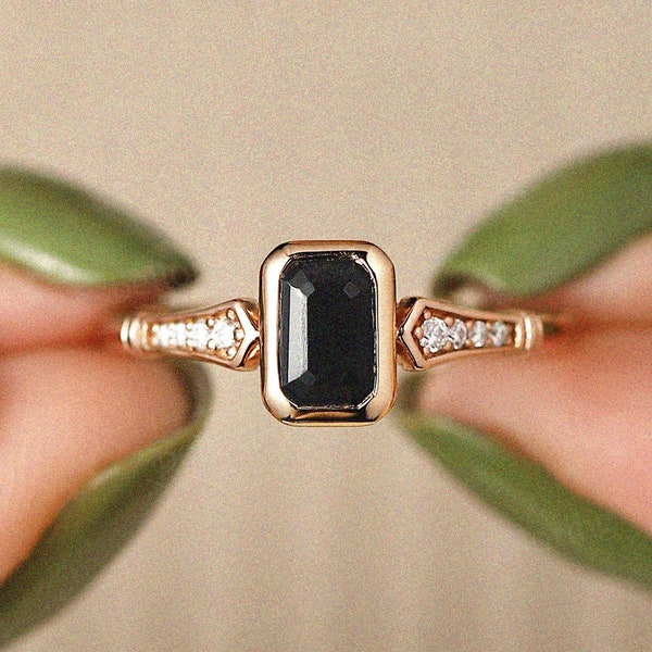 Art deco Emerald cut Black Onyx engagement ring vintage Rose gold ring Round cut Diamond ring unique Bezel set ring Anniversary promise ring