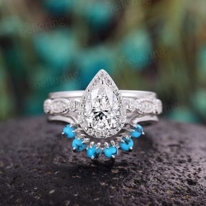 White gold moissanite engagement ring set vintage moissanite halo rings art deco turquoise curved wedding bands pear anniversary bridal set