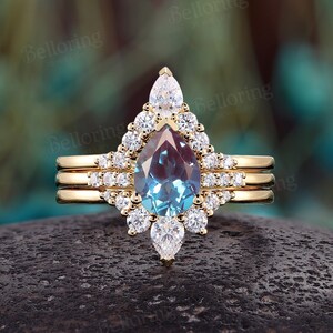 Pear alexandrite engagement ring set Moissanite Diamond ring Yellow gold cluster bridal set Curved wedding band Anniversary Promise ring