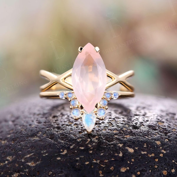 Unique Marquise Rose Quartz Engagement Ring Set,Vintage Moonstone Wedding Band,Art Deco Twisted Ring Anniversary Promise Bridal Set